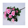 A cluster of pink and magenta artificial azalea flowers on green leaves for outdoor decor.