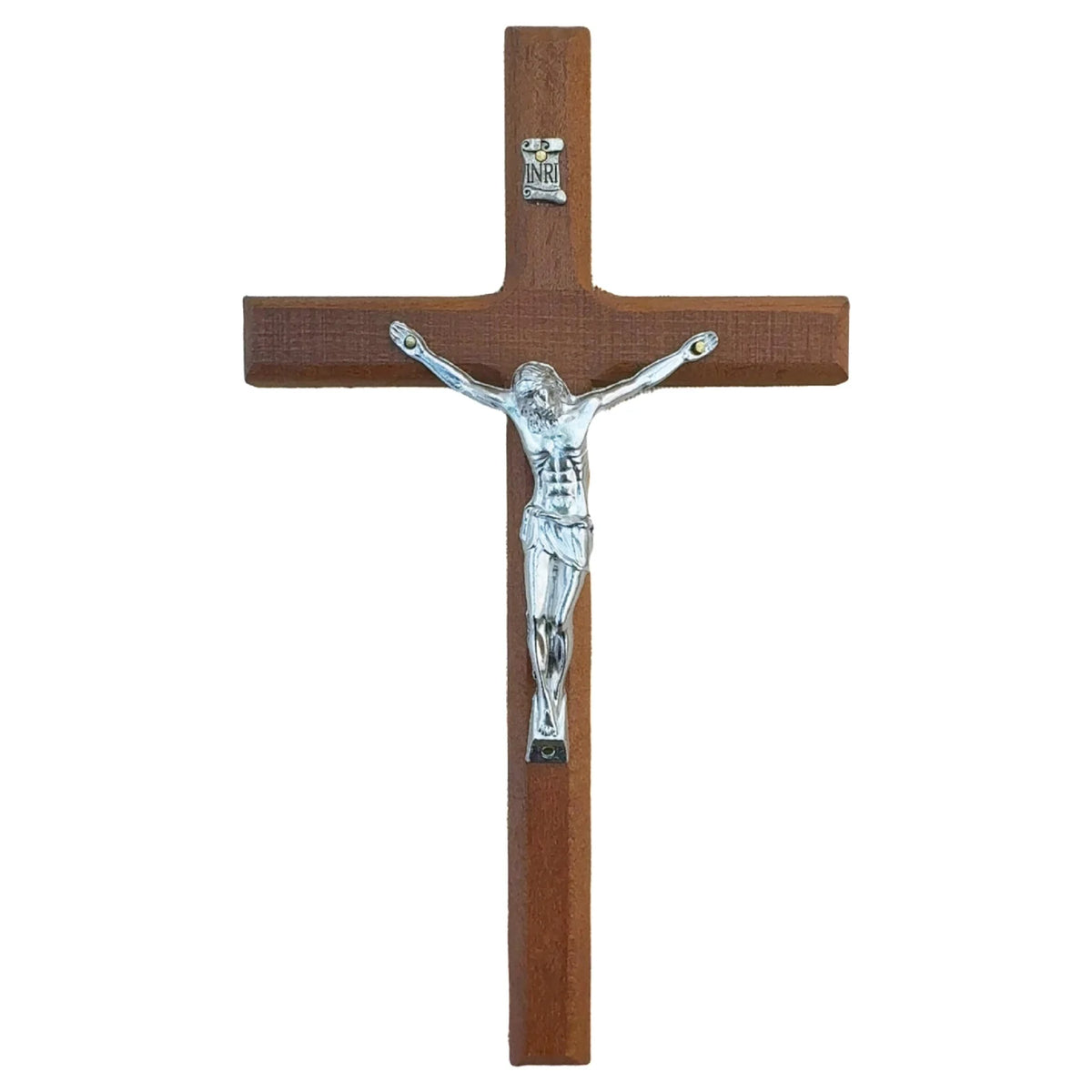 Hand carved wooden cross wall decor with a silver figure of Christ
