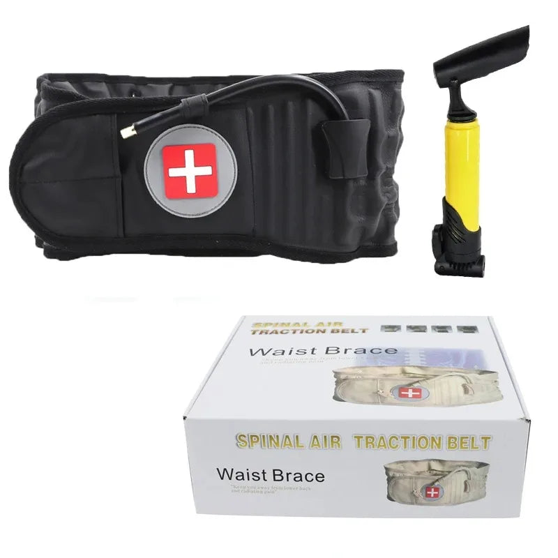 Black inflatable traction belt with a red cross emblem and a yellow handle for spinal air traction.
