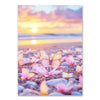 A close-up of a sunset landscape featuring pink and purple flowers and butterflies on the ground.