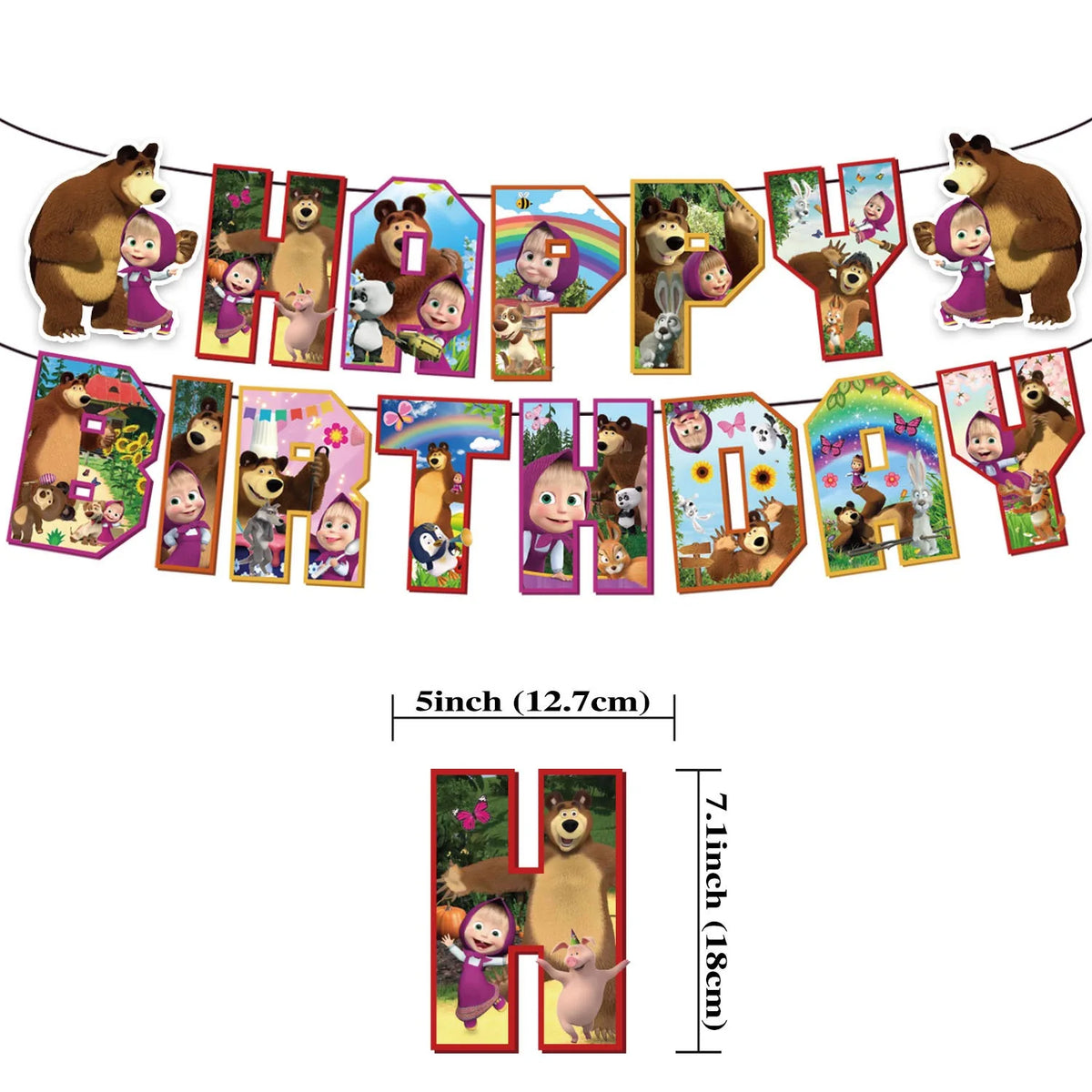A colorful banner featuring cartoon characters of Masha and Bear for party decoration