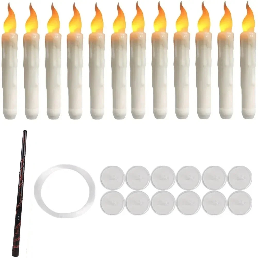 A set of yellow and white flamed LED taper candles with a black stick and a circular disc accessory.