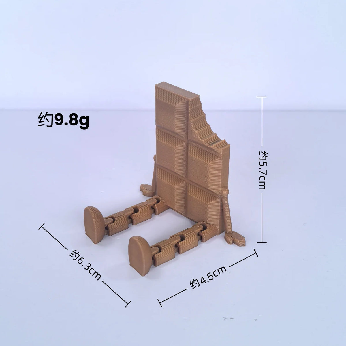 A tan 3D printed figurine of a coffee bean cup with articulated joints, shown from the side.
