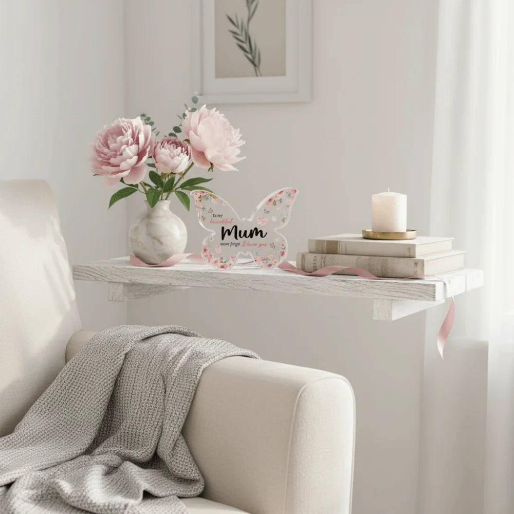 Elegant pink acrylic butterfly plaque displayed on a white shelf next to a candle and flowers.