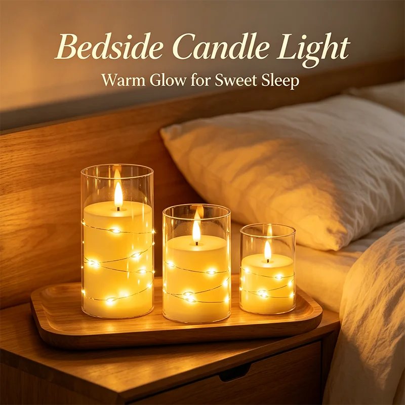 A set of glowing LED star string candles displayed on a wooden tray next to a bed.