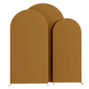 Three panels of tan spandex fitted wedding arch cover displayed side by side.