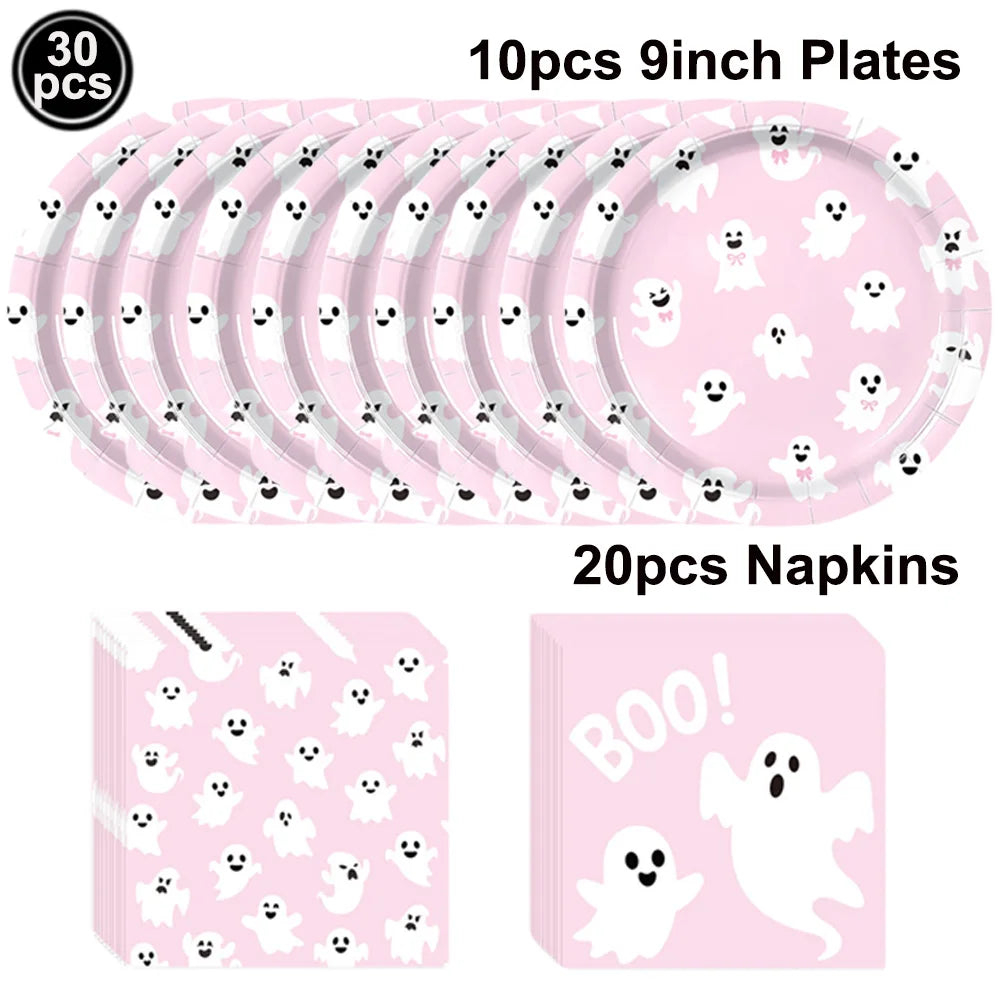 A set of 10 nine-inch pink plates and 20 napkins featuring white ghost designs for a Halloween party.