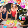 A woman is shown holding a yellow shot cup while another person holds a pink shot cup, set against a background with colorful