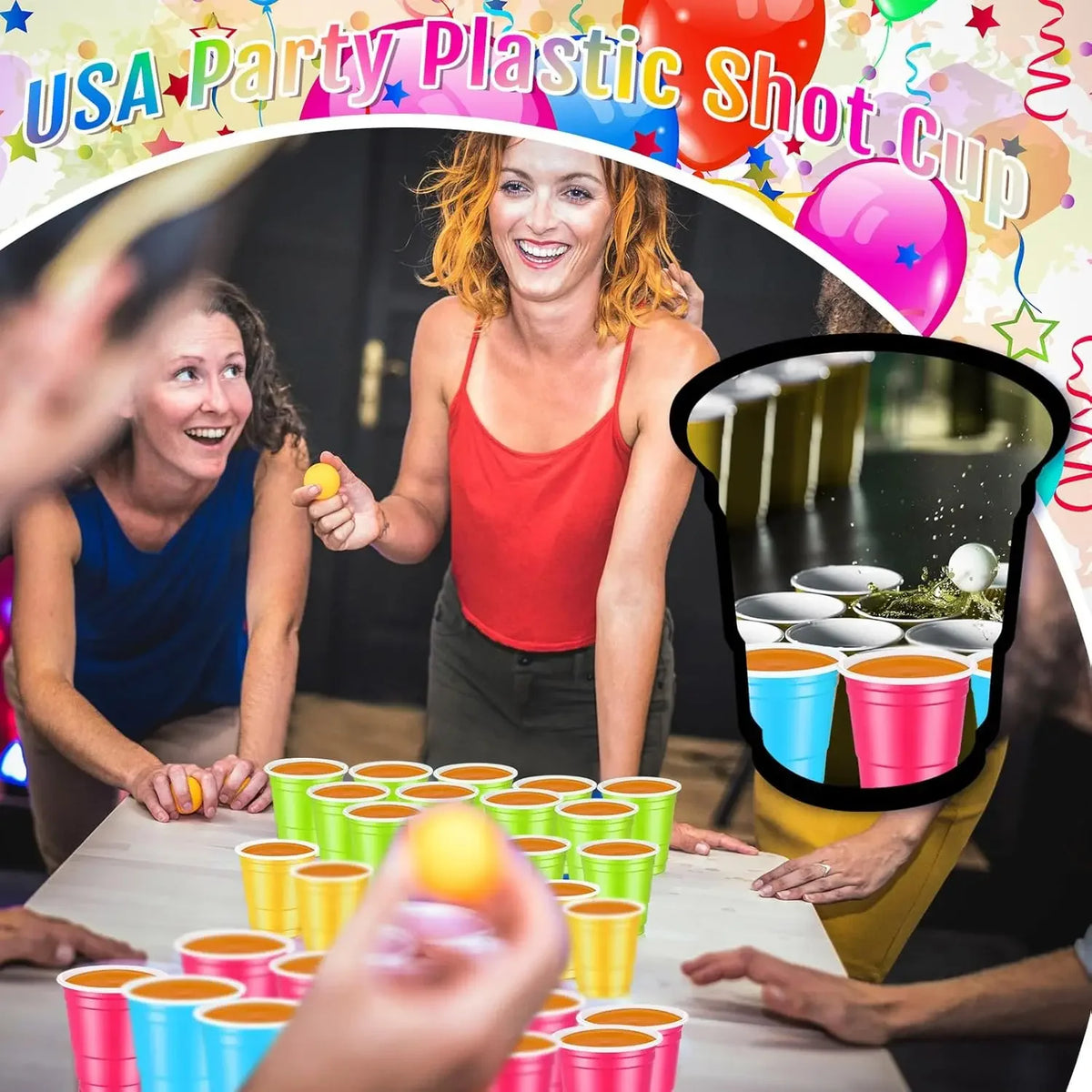 A woman is shown holding a yellow shot cup while another person holds a pink shot cup, set against a background with colorful