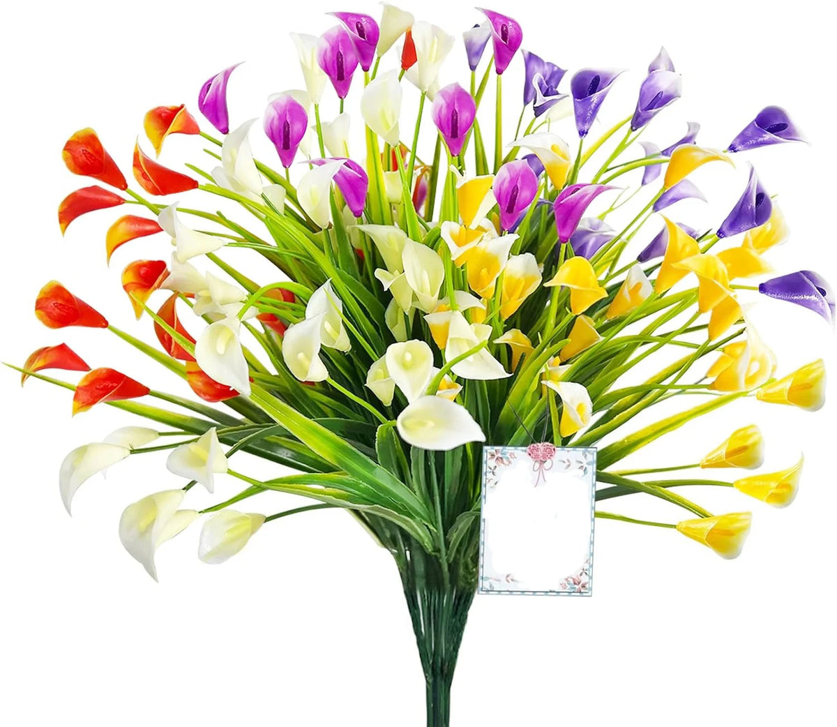 A vibrant bouquet of artificial calla lilies in various shades of pink, purple, and white.
