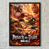 A dramatic poster featuring characters from Attack on Titan in a fiery, intense style.