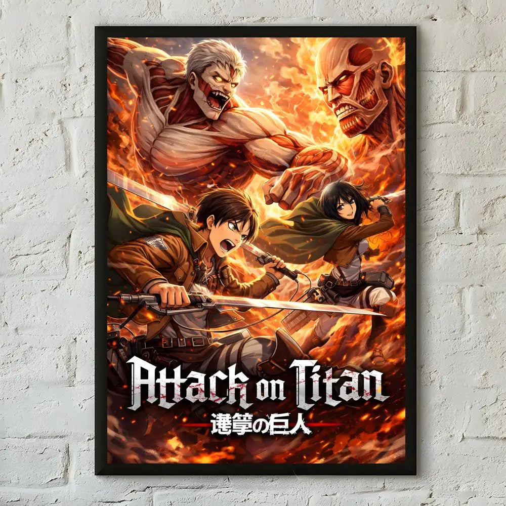 A dramatic poster featuring characters from Attack on Titan in a fiery, intense style.