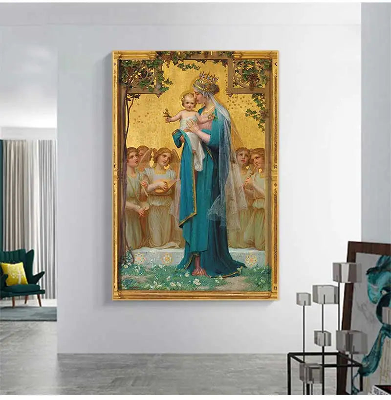 Peinture de la Dernière Cène avec une figure couronnée tenant un enfant, sur fond doré.
