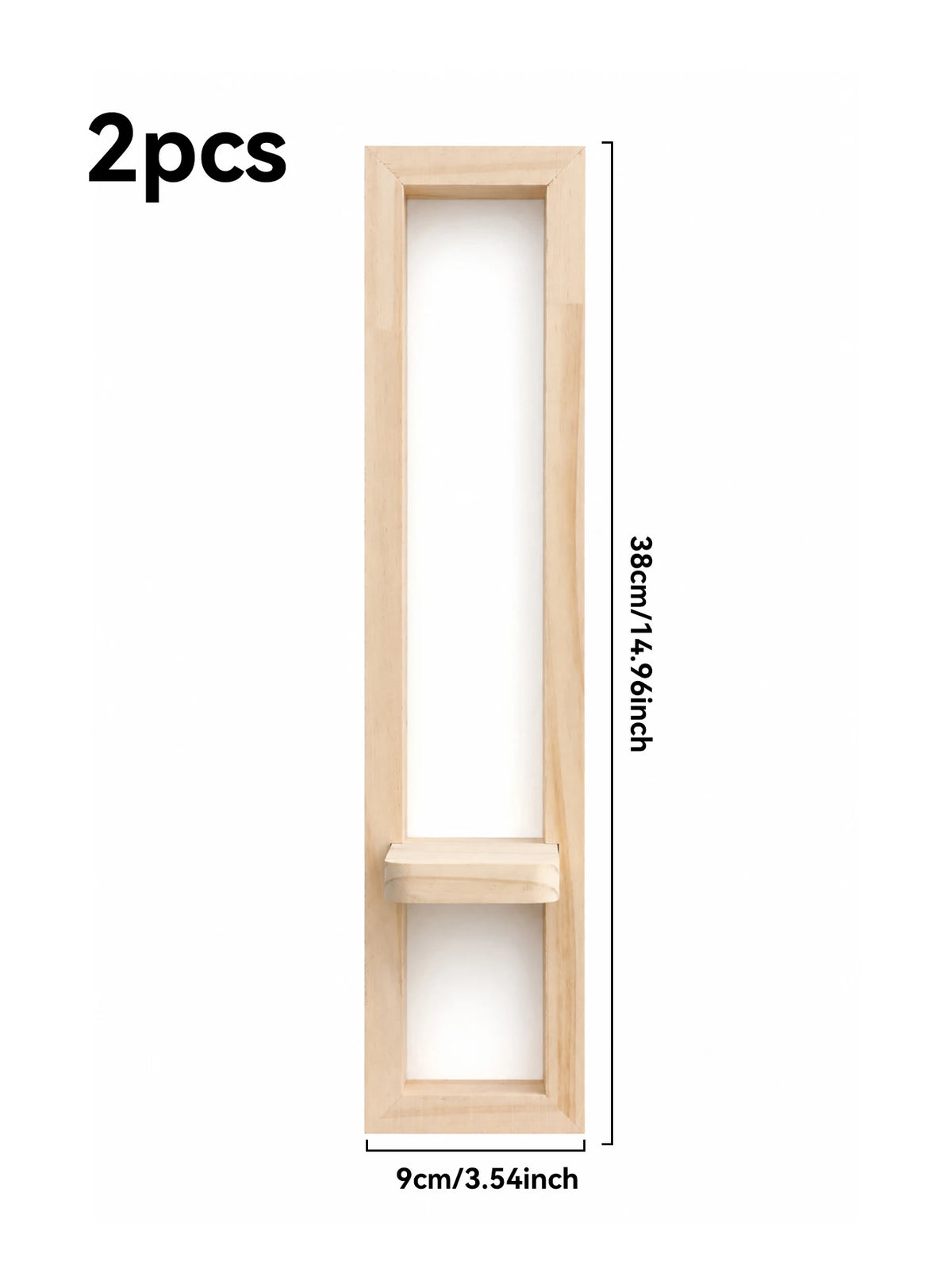Two light wood rectangular wall shelves measuring 38cm long and 9cm deep.