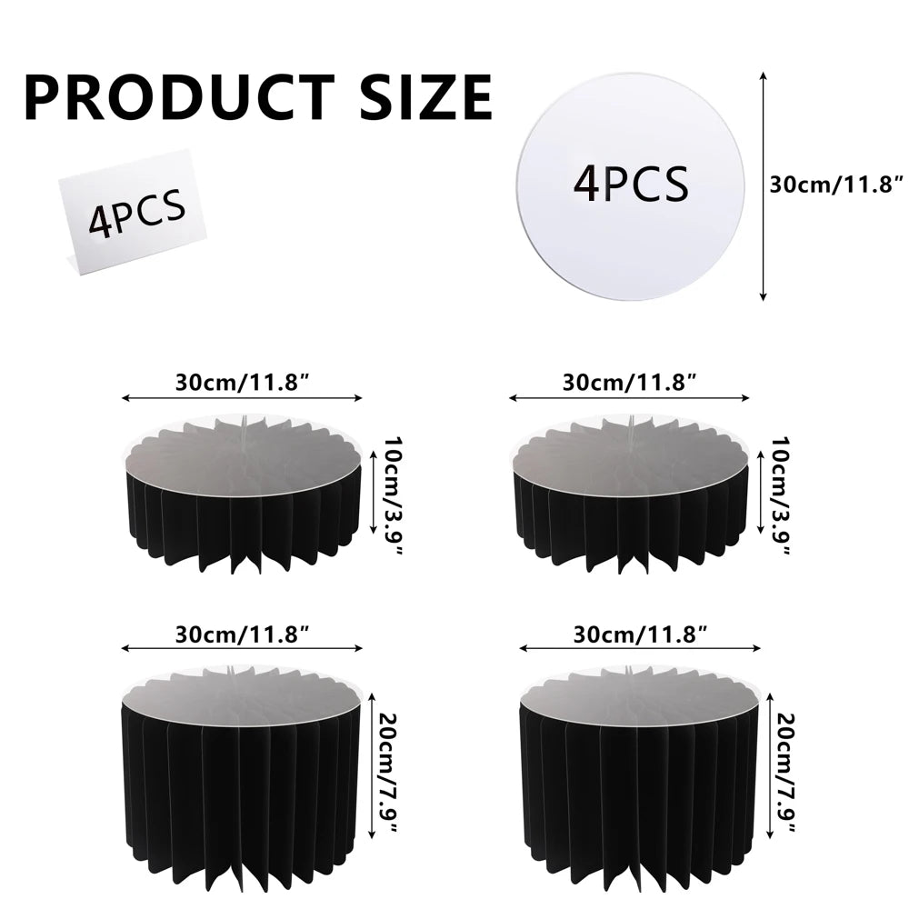 Four sizes of black folding dessert table cupcake display stands shown with dimensions.