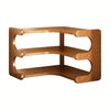 A wooden corner shelf with three tiers designed for storing plants and books.