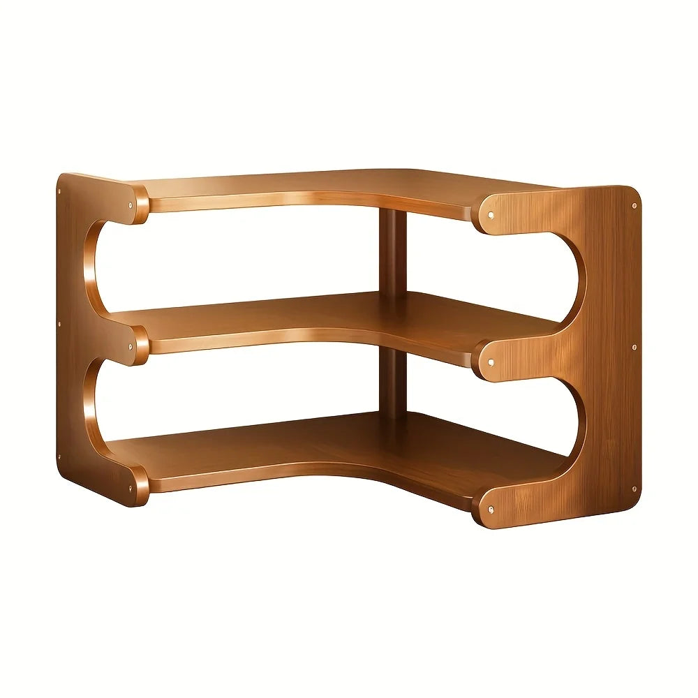 A wooden corner shelf with three tiers designed for storing plants and books.