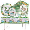 A green and white dinosaur party disposable tableware set including plates, cups, and a banner for a table.