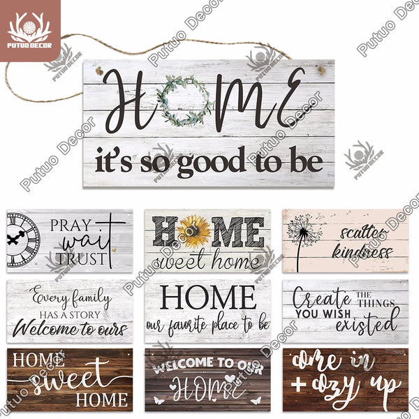 A collection of wooden signs with inspirational phrases like Home It's So Good to Be and Sweet Home