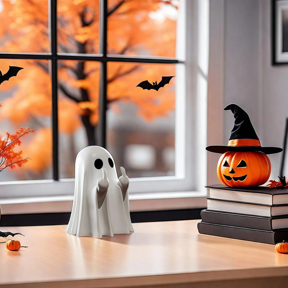 Une statue fantôme blanche est posée sur une table en bois devant une fenêtre avec des feuilles d'automne et des chauves-sour