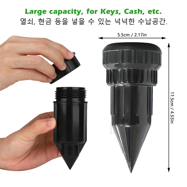 A black realistic watering can key hider designed for outdoor security.