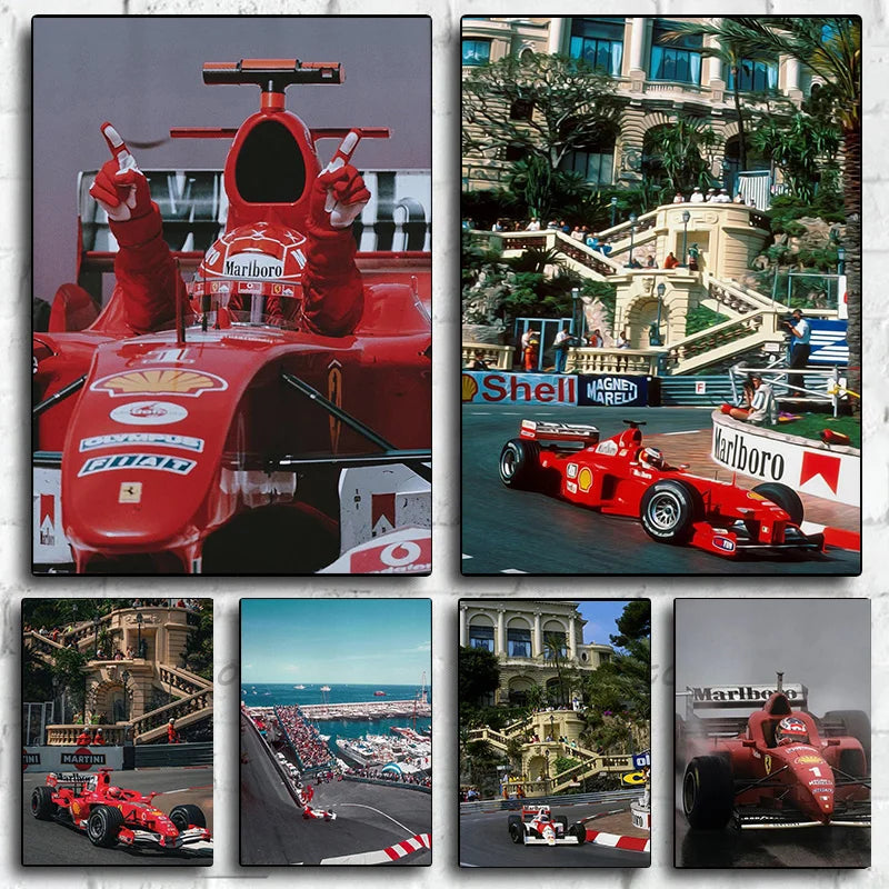 A collage of vintage and modern Formula 1 racing cars on a track, featuring red and white colors.