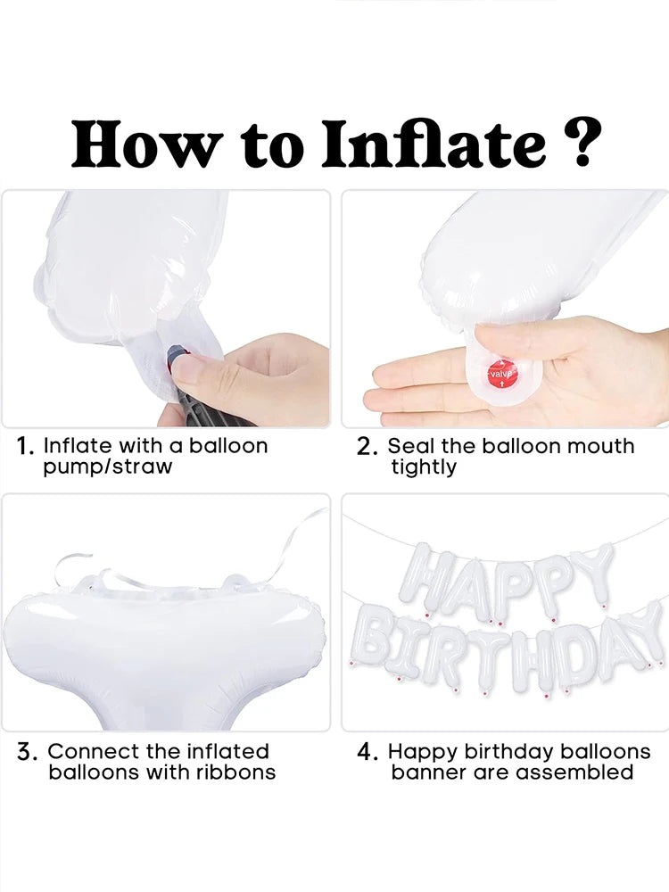 Instructions showing how to inflate and assemble a happy birthday balloon banner set