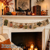 Vintage Halloween wooden hanging garland with retro pumpkin, ghost, and cat beads displayed on a fireplace mantel.
