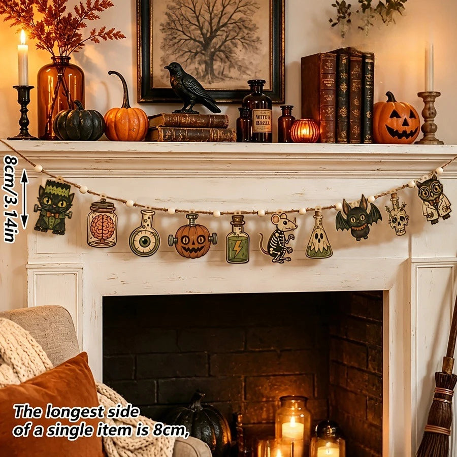 Vintage Halloween wooden hanging garland with retro pumpkin, ghost, and cat beads displayed on a fireplace mantel.