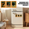 Three wooden fridge magnets featuring playful black cat art in vintage style