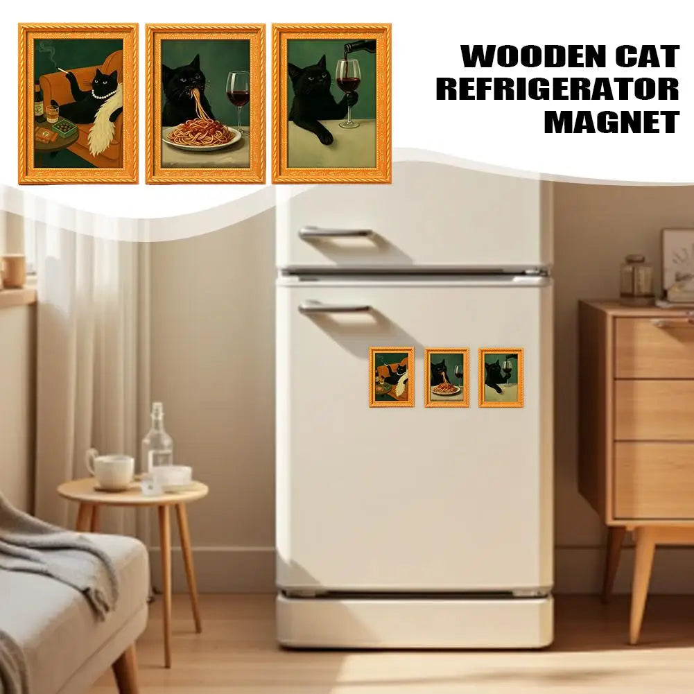 Three wooden fridge magnets featuring playful black cat art in vintage style