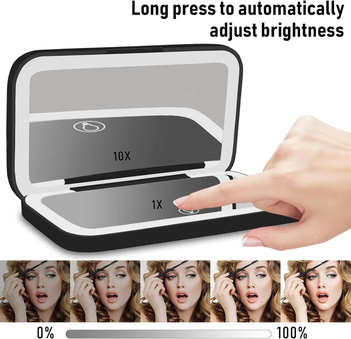 Portable touch screen makeup mirror showing brightness adjustment levels from 0% to 100%