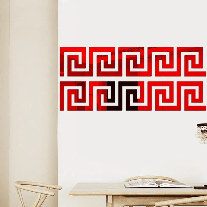 Red and black decorative wall stickers featuring a repeating maze pattern of interlocking squares.