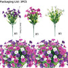 Three packs of artificial outdoor decorative flowers featuring purple, pink, and white blooms.