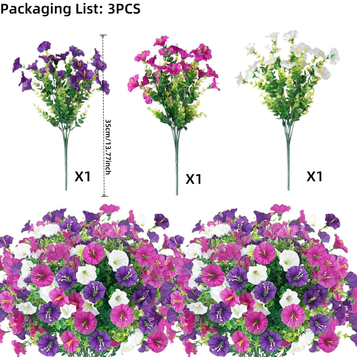 Three packs of artificial outdoor decorative flowers featuring purple, pink, and white blooms.