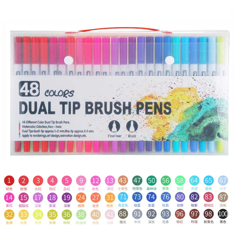 A set of 48 dual-tip brush pens in various colors for art and design