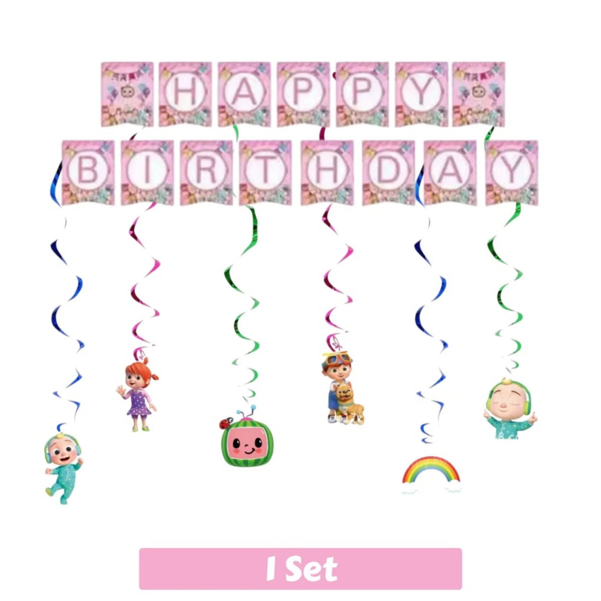 A set of pink letter balloons spelling HAPPY BIRTHDAY with small baby figures and a rainbow.