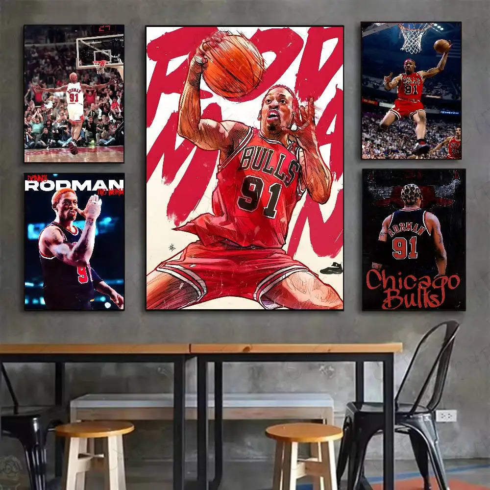 A collage of three posters featuring Dennis Rodman playing basketball in various action shots.
