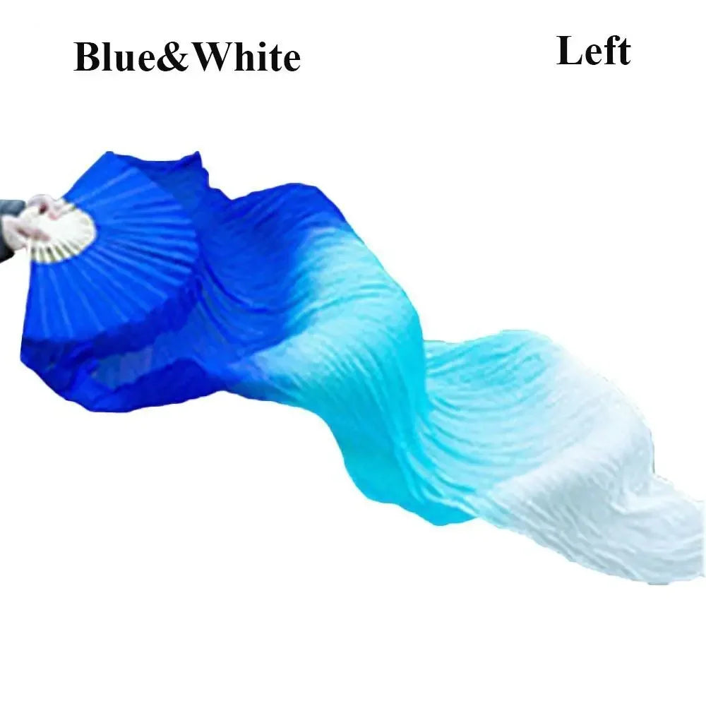 Blue and white silk ribbon dance fan with a gradient design shown from the left side.