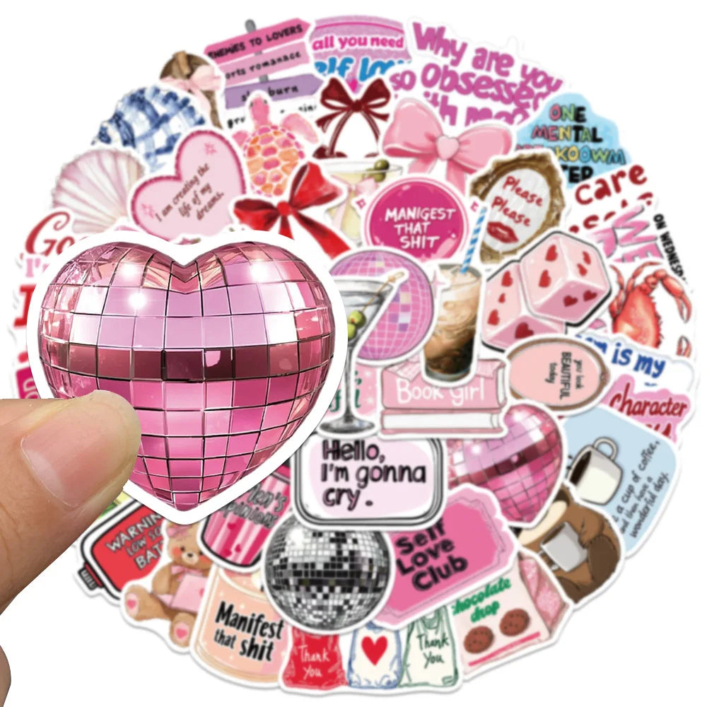 A colorful sticker pack featuring inspirational phrases and designs on a pink background.