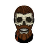A stylized illustration of a skull face mask with a beard and hair, suitable for Halloween.