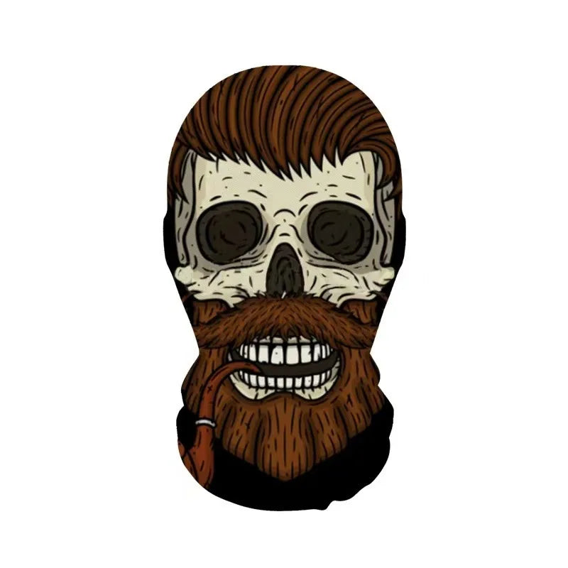 A stylized illustration of a skull face mask with a beard and hair, suitable for Halloween.