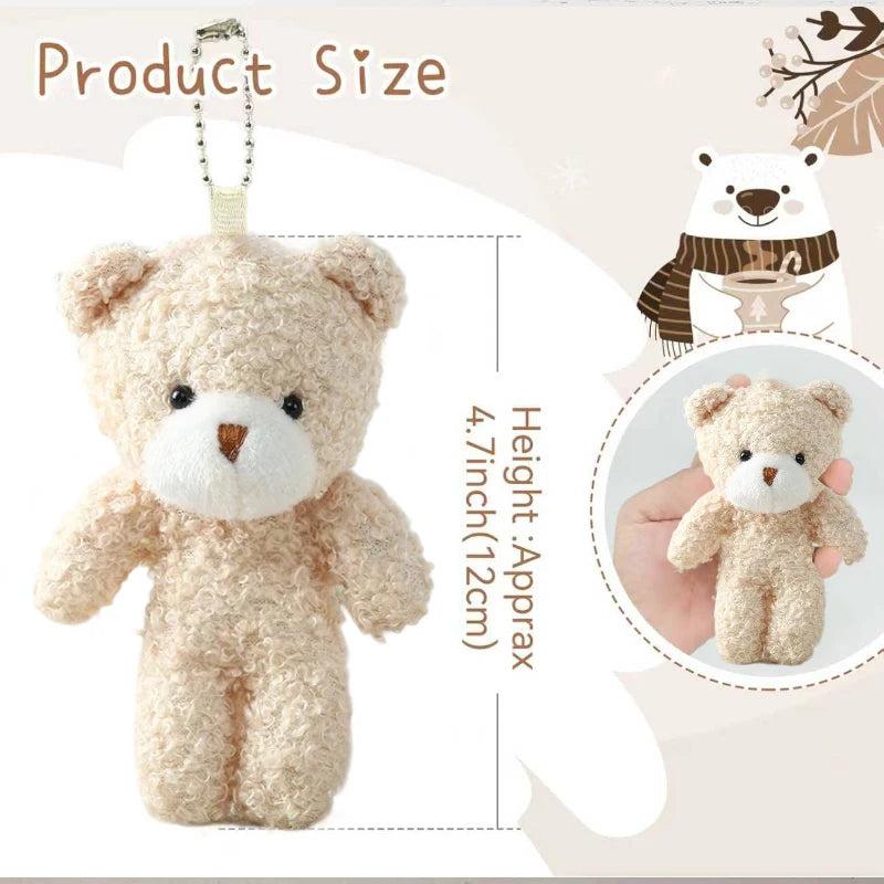 A fluffy beige teddy bear plush toy shown with a keychain loop and a small panda illustration.