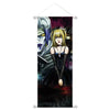 Anime character illustration of a woman with blonde hair and dark clothing on a hanging scroll tapestry.