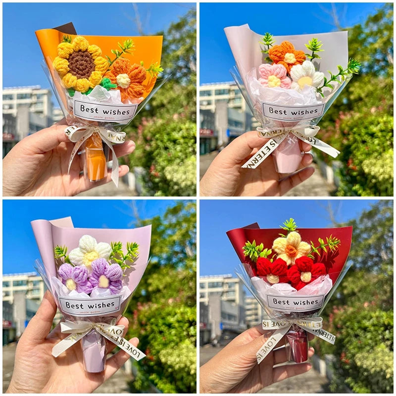 A hand holds a bouquet of handmade crochet flowers in pink and orange paper with a ribbon, labeled Best wishes.