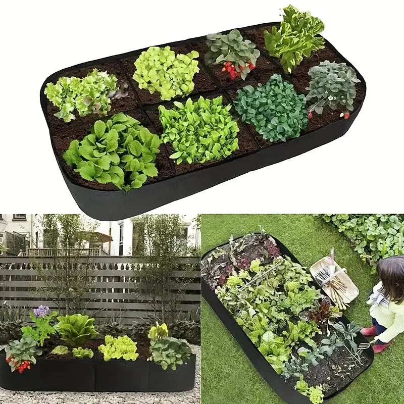An extra large 8-grid elevated garden bed filled with various green vegetables and herbs