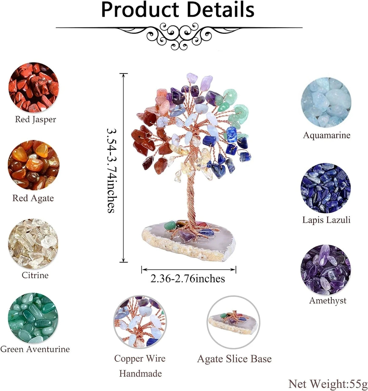 A handmade crystal money tree decor featuring various gemstones including Jasper, Agate, Citrine, Aventurine, and Amethyst.