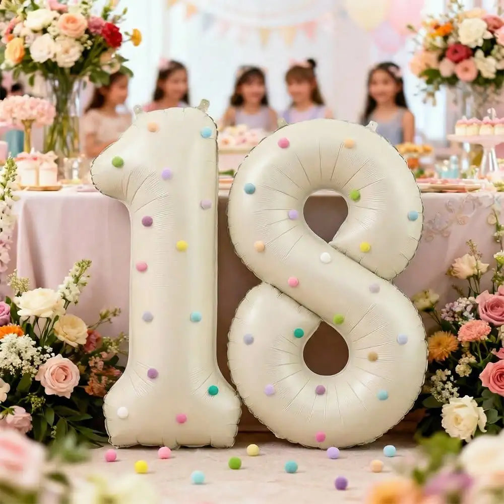 A large, white aluminum foil number balloon shaped like '18' is displayed amidst floral decorations.