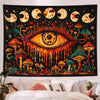 A vibrant tapestry wall hanging featuring a large, detailed eye surrounded by colorful mushrooms and celestial elements.