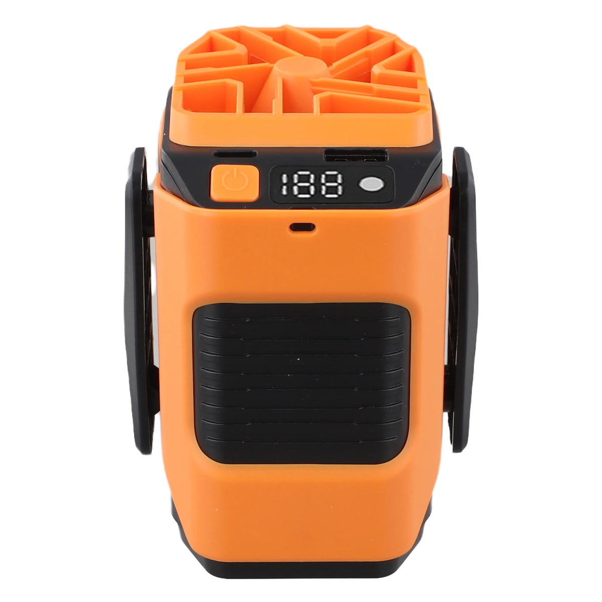 An orange portable rechargeable waist fan with a black body and an orange grille.